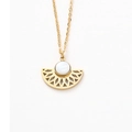 Macro shot of fan-shaped gold necklace with shell inlay and hollow geometric patterns - Fan White