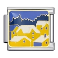 Italian charm bracelet link in gold finish with winter village enamel landscape design - Winter Village Scene Style (ICJ994)