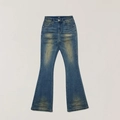 Dettaglio di jeans svasati blu vintage con lavaggio giallo e texture dipinta a mano - XS / Blu Profondo Wasteland