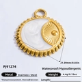 Pendentif rond soleil en acier inoxydable doré avec insert en perle blanche - Or - Rayon de Soleil Blanc (PJ91274)