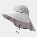 Detail of grey sun hat showing wide brim, neck flap and breathable mesh side vents - One Size / Light Gray