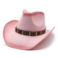 Pink woven straw cowboy hat with shell decorative band and classic western-style upturned brim - M(56-58cm) / Rose Pink Gradient