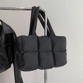 Quilted black down-filled puffer tote bag with soft square pattern and wide shoulder straps - Black