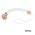 White silicone and beech wood baby pacifier clip with octagonal bead and round wooden clamp - White