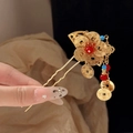 Épingle à cheveux en U avec pièces dorées et pompon de perles rouges et bleues - Pic à cheveux fleur de fortune doré avec franges