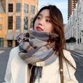 Plaid Winter Scarf Grey Blue Brown Cashmere Feel Fringe Tassel Warm Women Fashion - Blue