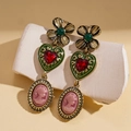 Detail of vintage palace style earrings with floral motif, heart gem and cameo pendant - Earrings-Green