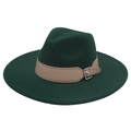Close-up of wide-brim dark green wool fedora with beige leather belt buckle strap detail - Dark Green
