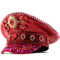 Gorra militar de lentejuelas rojas con rubíes y tachuelas punk para escenarios - Ajustable / Lentejuelas Rojas Brillantes & Gema Roja