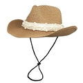 Women's straw cowboy sun hat with pearl band decoration in khaki, shown from a side view - M(56-58cm) / Khaki