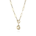 Detail of gold paperclip chain necklace with letter G pendant and toggle clasp - Letter G