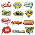 Detailed view of 12 colorful embroidered slogan patches with text like CUTIE and COOL - 12-Piece Assorted Set (1-12#)