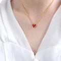 Elegant gold chain necklace featuring a small red heart pendant with beaded edge detail - Gold Red Acrylic Heart Necklace (P436) / 40+5cm