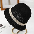 Close-up of black knitted bucket hat with beige stripe and hollow breathable design - One Size / Black (Minimalist)
