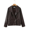 Relaxed brown faux leather jacket with V-neck double-breasted buttons and vintage texture - S / Dark Brown
