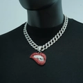 Hip hop silver Cuban chain with red rhinestone biting lip pendant on mannequin - 18inch/45cm / Silver Red Lips with 18inch Cuban Chain