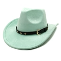 Close-up of mint green wool felt cowboy hat with black leather band and metal buckle - M (56-58cm) / Mint Green