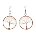 Detailed view of handmade copper wire tree of life earrings with white crystal stones - Antique Copper + Clear Quartz