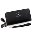 Black long women's wallet in tri-color leather with a gold bear logo and wristlet strap - Black