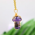Handcrafted purple crystal mushroom pendant with elegant gold wire wrapping and gold chain - Synth Amethyst Gold-tone