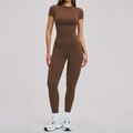 Brown two-piece quick-dry yoga set featuring tight short sleeve top and high waist leggings - S / Top And Bottom / Chocolate Brown