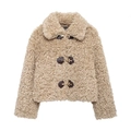 Women's beige faux shearling jacket with stylish brown leather metal buckle closures - XS / Beige