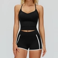 Ensemble de yoga noir pour femme avec bordures contrastées blanches, haut slim et short - S / Débardeur + Short / Noir Premium