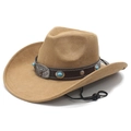 Brown western cowboy hat with turquoise beads and silver bull head buckle detail - M (56-58cm) / Camel