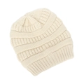 Detail view of cream cable knit beanie showing thick texture and elastic ribbed cuff - Off White