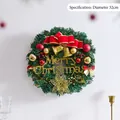 Christmas wreath with green pine needles, red bow and golden bells in 32cm diameter - Double Bell Style
