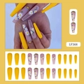 Long coffin fake nails featuring matte pink daisy designs with rhinestones and yellow colors - LF368 Yellow Matte Pink Daisy Rhinestone