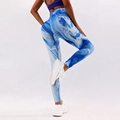 High waist yoga leggings with blue and white marble pattern for fitness and tummy control - S / 3D Blue