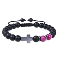 Adjustable black matte beaded bracelet with cross charm and purple cat eye stone - Rose Red Tiger Eye / Blessing Card