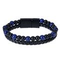 Men's double-layer bracelet with navy blue stone beads, black braided leather, and magnet clasp - Lapis Lazuli and Glossy Black Bead (Style-7)