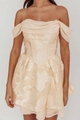 Minikleid in Champagner mit floralem Jacquard, schulterfrei und Korsett-Passform - S / Champagner
