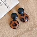 Modern leopard print hoop earrings with matte black circles and silver needles - Brown Round Leopard (45)
