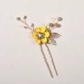 Detail of light blue beaded bridal hair pin with yellow flower and golden leaves - 1-Flower Hairpin / Yellow