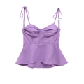 Women's lavender summer crop top with bow straps and ruffled hem on white background - XS / Purple