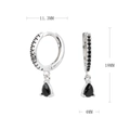 Detail view of silver earrings with black teardrop charm and size measurements - Silver (Black Rhinestone)