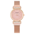 Women's rose gold mesh strap watch with a pink frosted dial and rhinestone accents - Pink