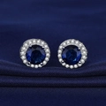 Classic silver halo stud earrings with deep blue round crystals and white zircon accents - Round Halo Blue Zirconia Studs (ED80)