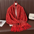 Elegant red scarf with intricate paisley patterns and fringe details for women - Intricate Red Paisley (T491-01)