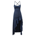 Elegant navy blue satin slip dress with cross back straps and ruffled hem design - XS / Dark Blue