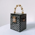 Elegant black acrylic evening box bag with rhinestones and gold pearl handle - Black
