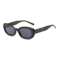 Retro schwarze dicke ovale Sonnenbrille mit markantem Vier-Stich-Detail am Bügel - Schwarzer Rahmen / Schwarze Gläser