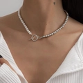Fashion long beaded chain necklace with pearls and silver OT toggle clasp detail - Silver Metal Beads & Artificial Pearl Spliced Toggle Clasp (02 Silver White 5481) / Silver