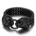 Men's punk style black stainless steel bracelet featuring double lion heads and interlocking chain - Lion Head / Black