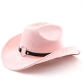 Détail du chapeau de cowboy en daim rose avec ceinture en cuir noir et anneau argent - Rose