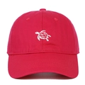 Close-up of white turtle embroidery with scroll patterns on a dark red cotton baseball cap - Adjustable / Rose Red