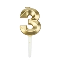 3D metallic gold number 3 candle with matte finish and long plastic stand for cakes - Number 3 / Gold